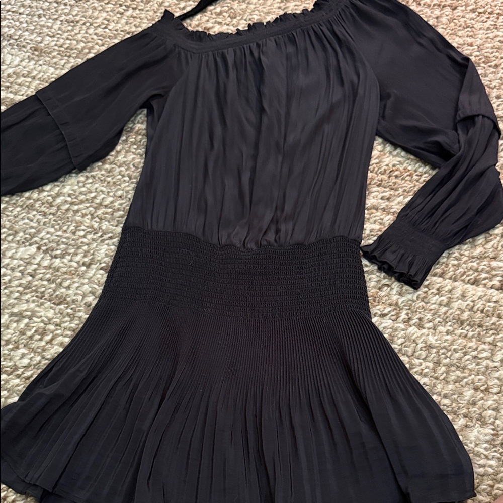 Ramy Brook Black Long-Sleeve Smocked Waist Pleated Dress